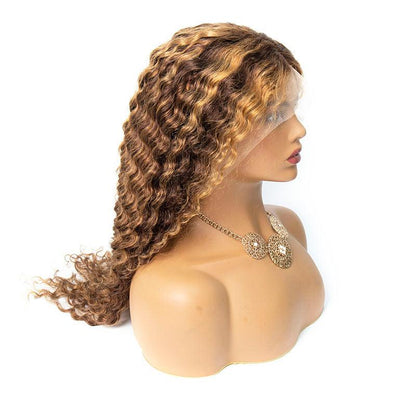 Top Virgin Wig 13x4 Deep Wave Lace Front Blonde Highlight Wig 180 Density (18"-28" Available)