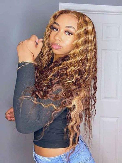 Top Virgin Wig 13x4 Deep Wave Lace Front Blonde Highlight Wig 180 Density (18"-28" Available)