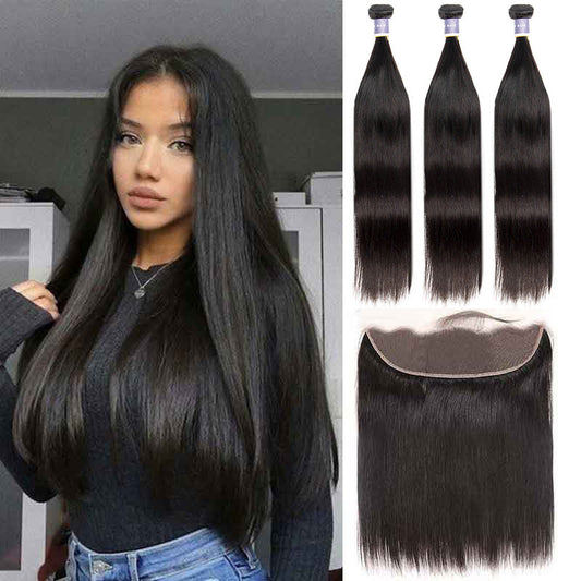 Top Raw Straight Hair 3 Bundles with 13x4 Frontal