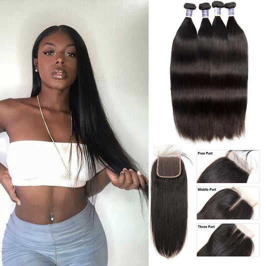 Tip-top quality Raw Straight Hair 4 Bundles with 4x4 Closure（never hair loss）