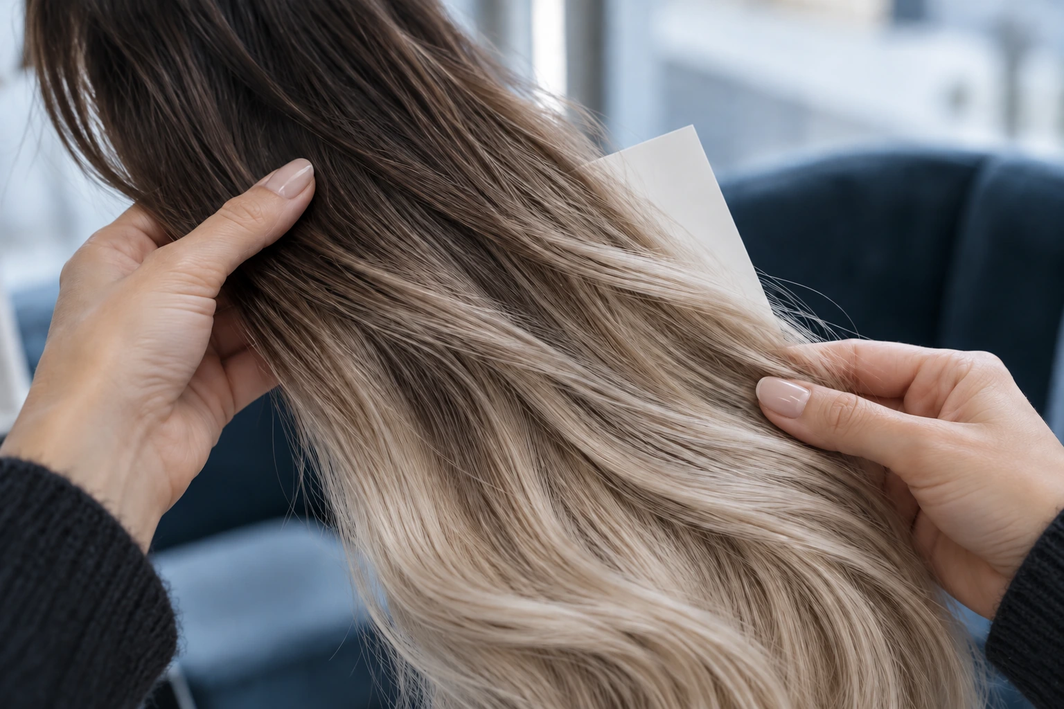 Close-up illustration of hands examining a balayage hair color swatch