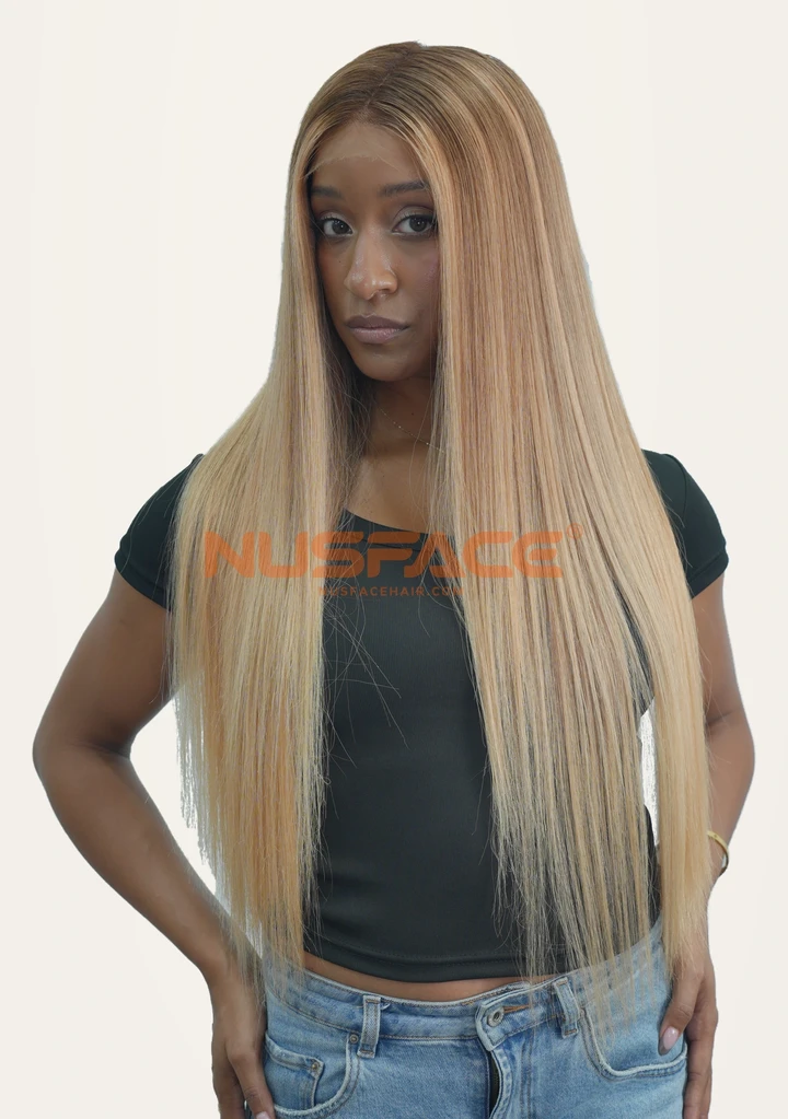 Amber Freesia straight hand-painted balayage wig, front view of brown roots and warm golden lengths with lighter blonde tips