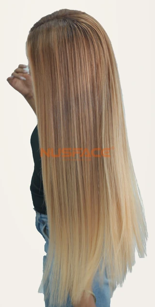 Amber Freesia straight hand-painted balayage wig, rear three-quarter view of warm golden lengths and paler blonde ends