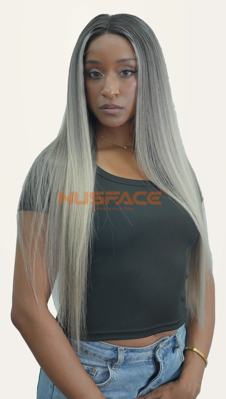 Silver Anemone straight hand-painted balayage wig, front view of charcoal-grey roots and silver-grey lengths