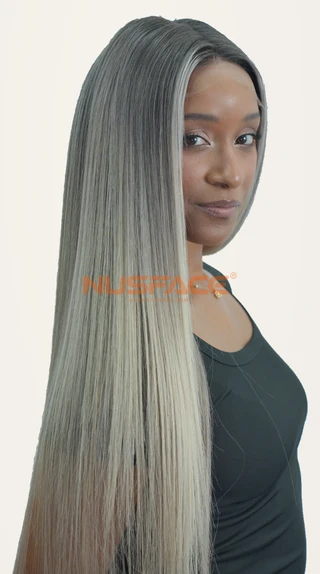 Silver Anemone straight hand-painted balayage wig, three-quarter view of pale face-framing strands and silver-grey lengths