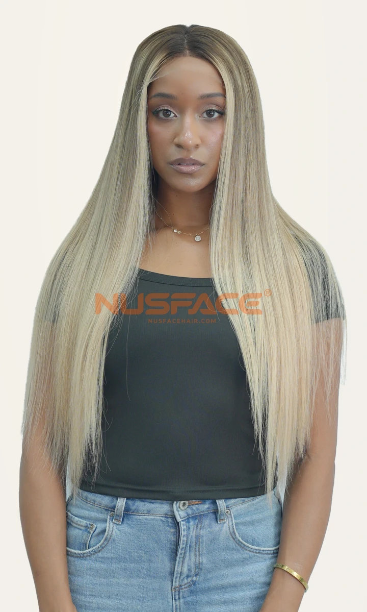 Ivory Magnolia straight hand-painted balayage wig, front view of dark brown roots and pale golden-blonde lengths