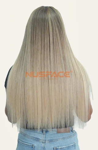 Ivory Magnolia straight hand-painted balayage wig, back view of brown and blonde upper strands and lighter golden-blonde ends