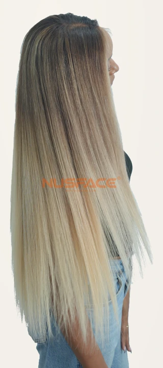 Ivory Magnolia straight hand-painted balayage wig, side view of dark upper sections fading into light golden-blonde lengths