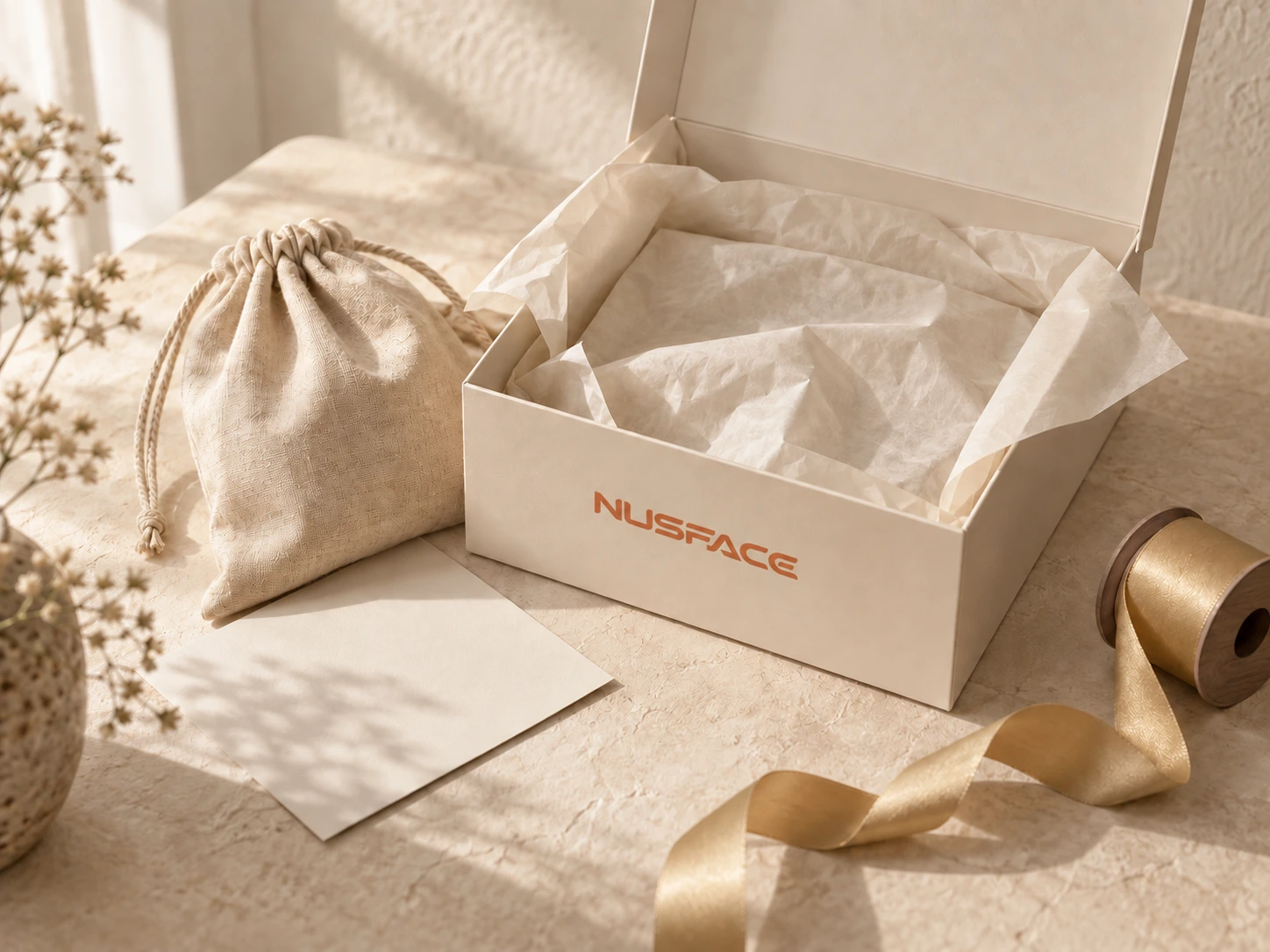 Illustrative cream sample box with tissue and a protective fabric bag