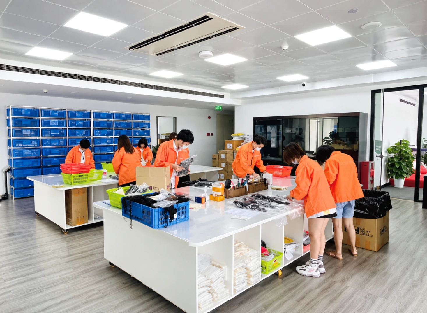 NUSFACE staff working with hair materials around production worktables