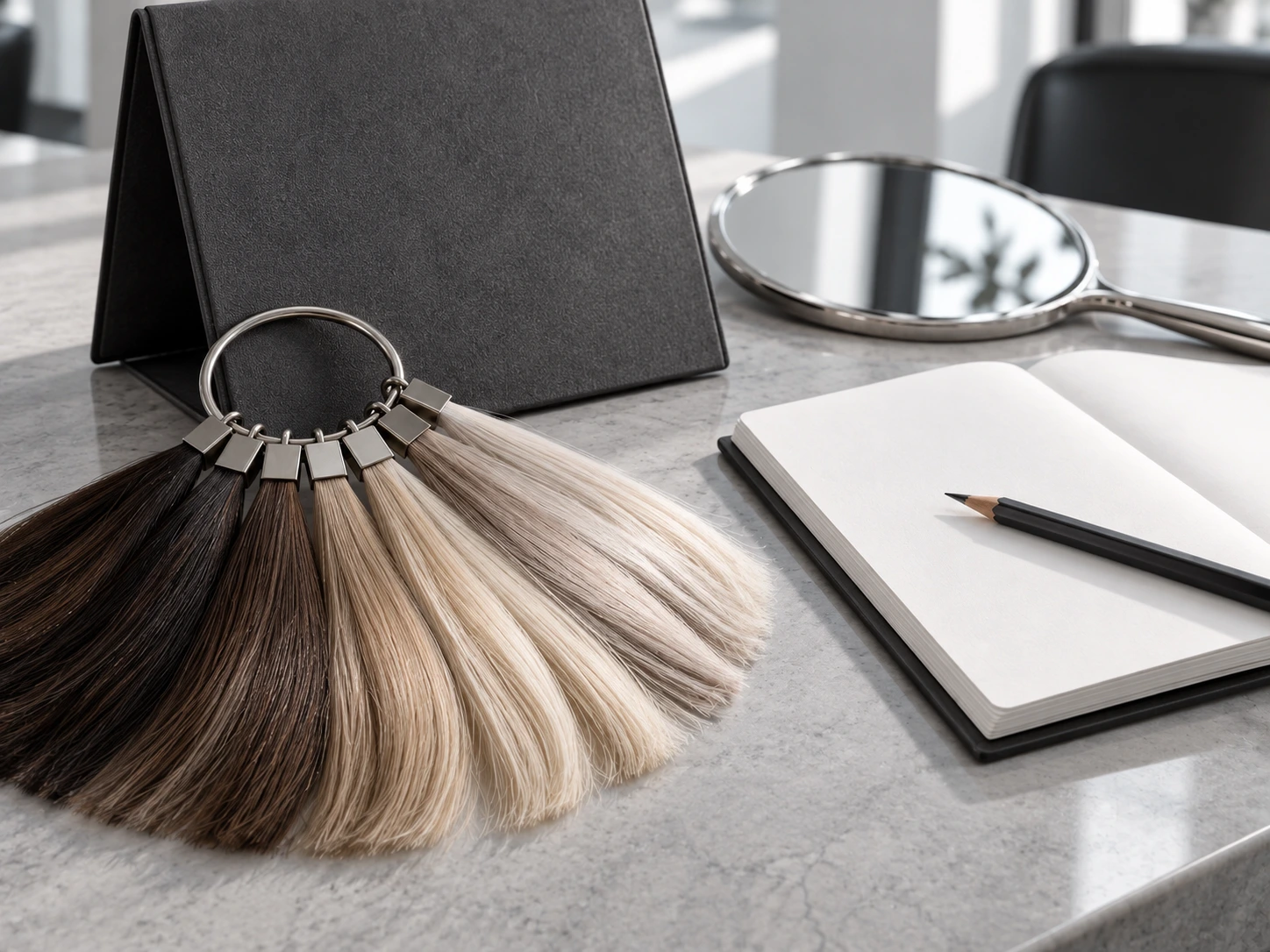 Illustrative hair color swatches, mirror and notebook for planning a custom wig sample