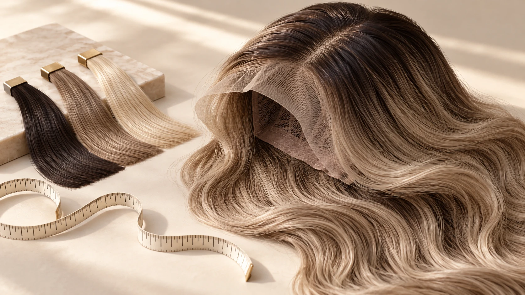 A lace-front wig, hair color swatches and measuring tape illustrating custom wig quote choices