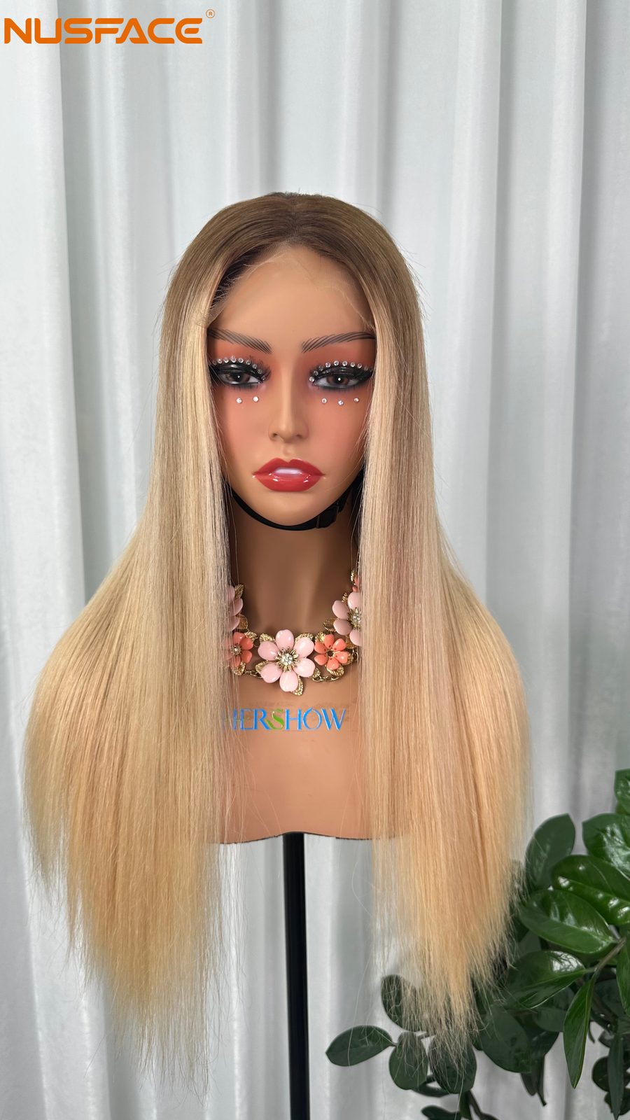 front view of a hand-painted balayage wig for wholesale color review