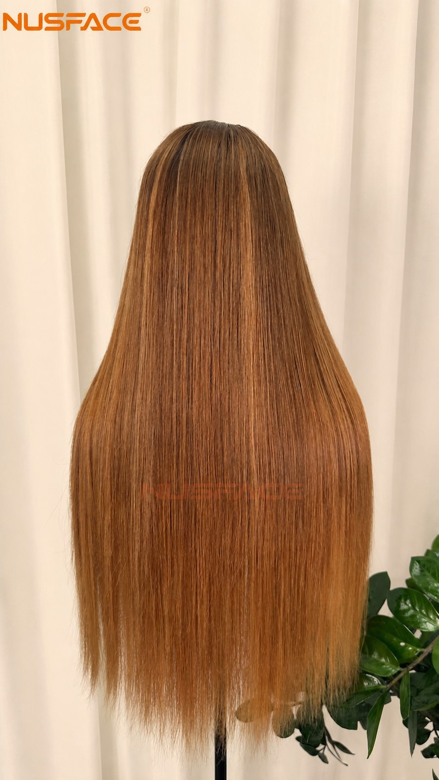 back view of amber brown hand-painted balayage wig