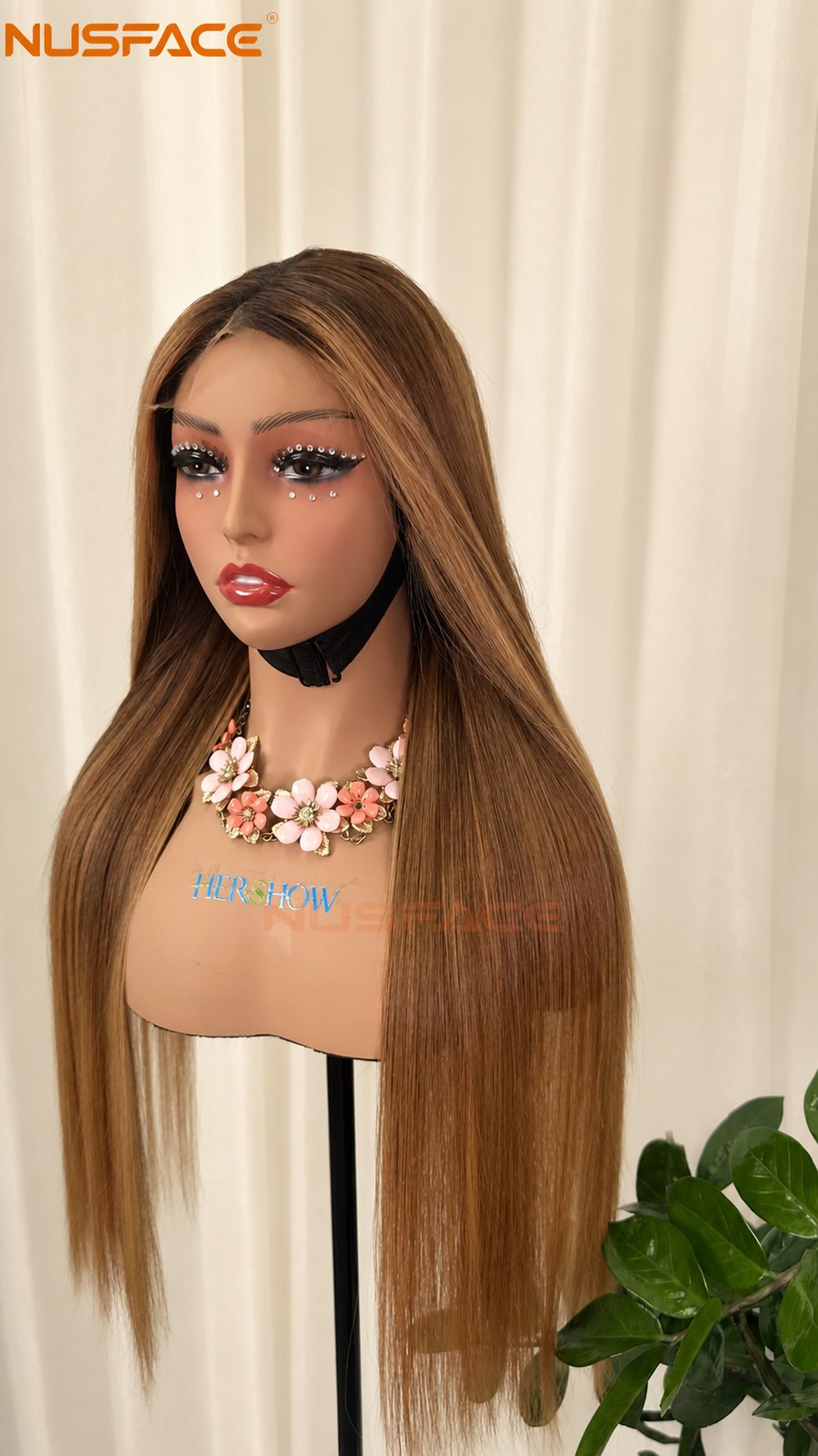 side view of amber brown hand-painted balayage wig
