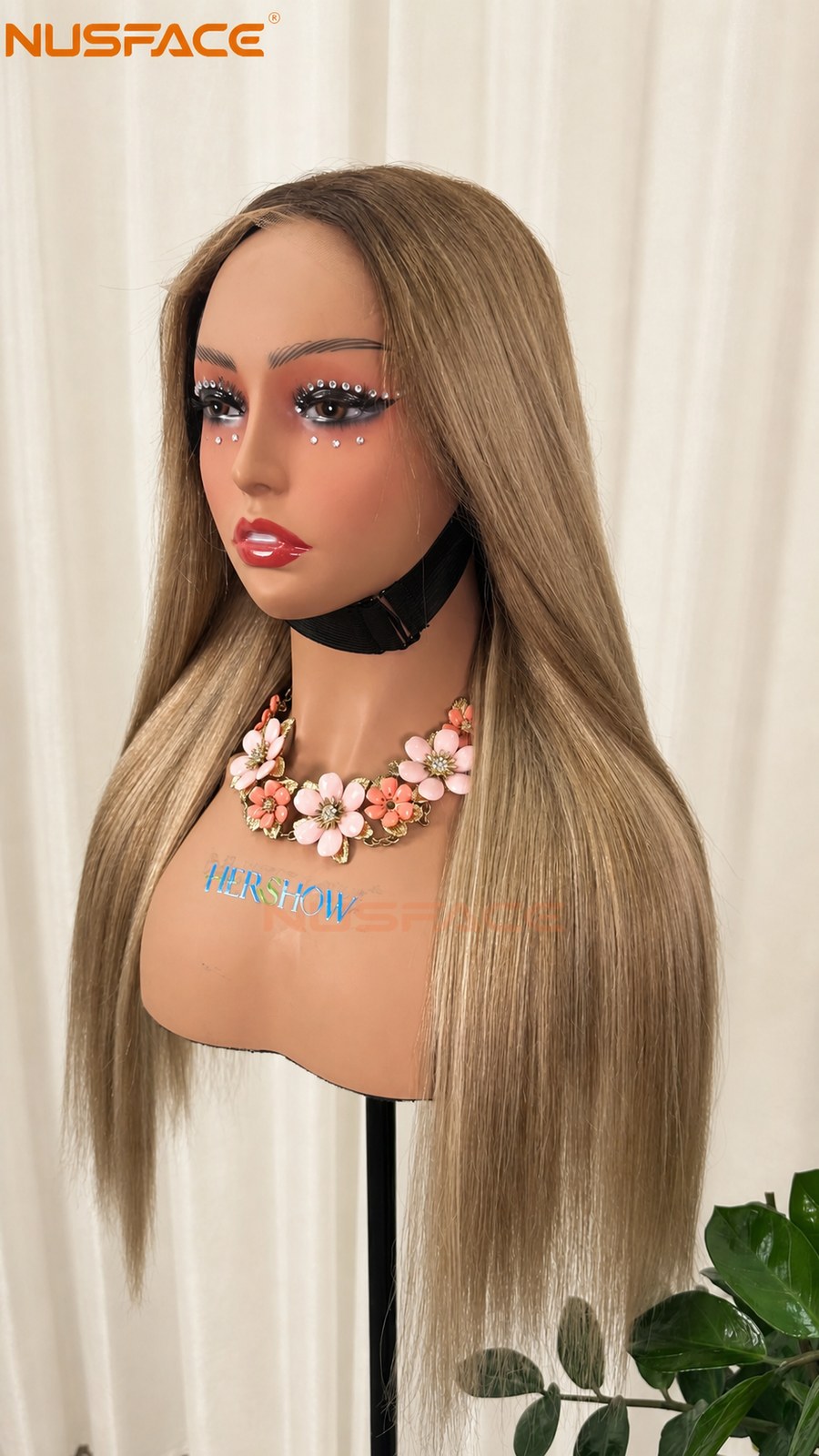 side view of light ash blonde hand-painted balayage wig