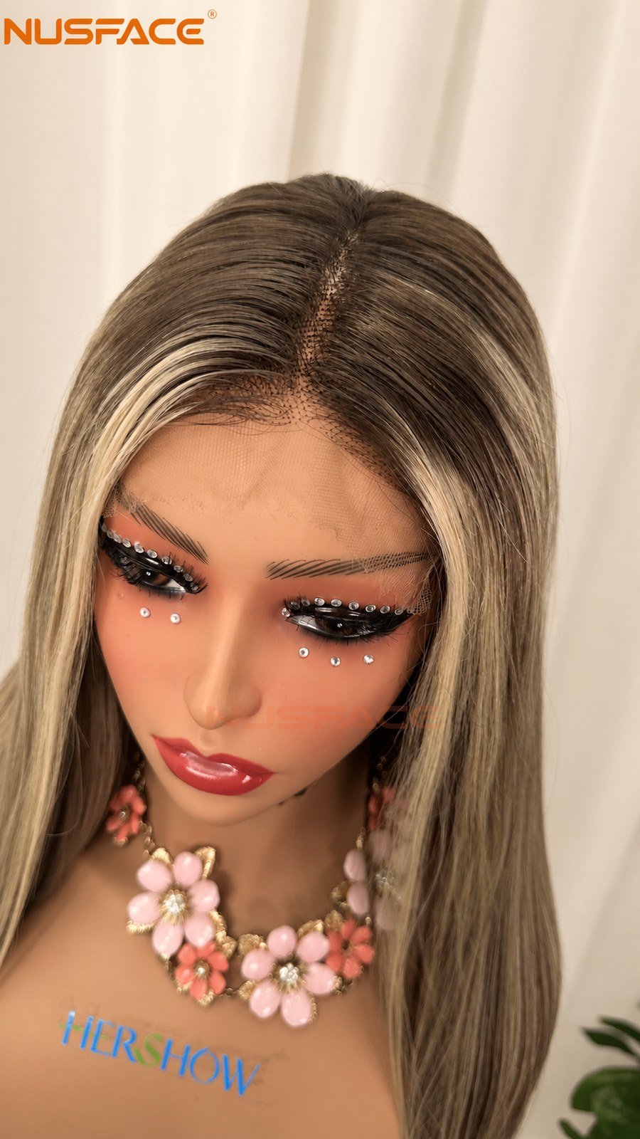 top view of honey caramel balayage lace front wig