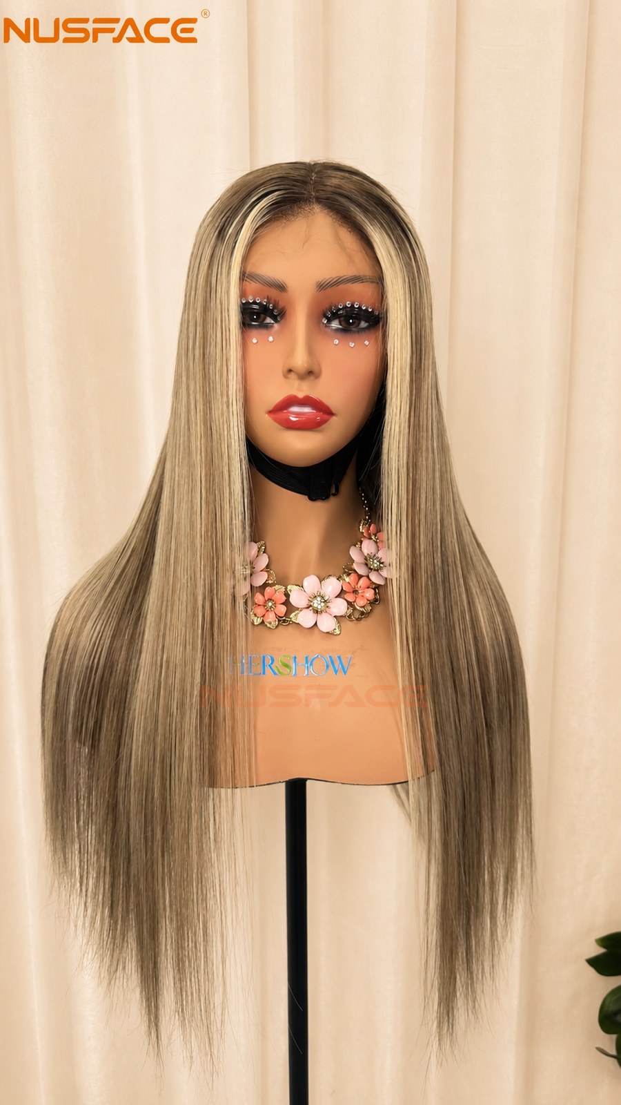 spread view of mushroom dirty blonde balayage wig