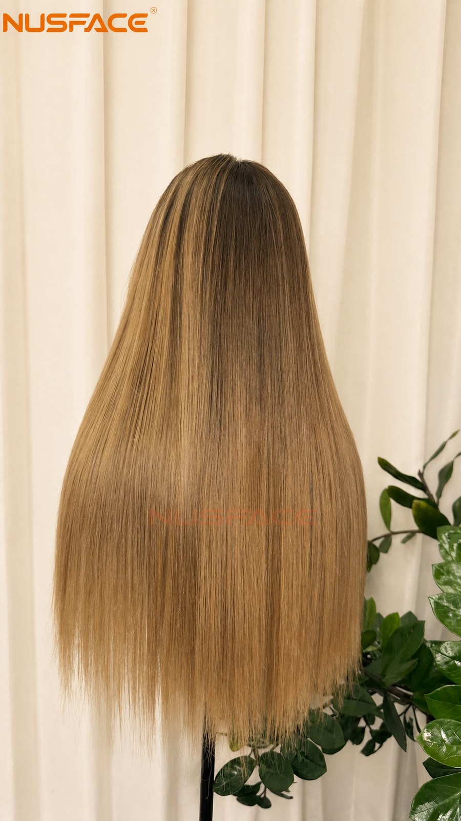 back view of beige blonde money piece hand-painted balayage wig