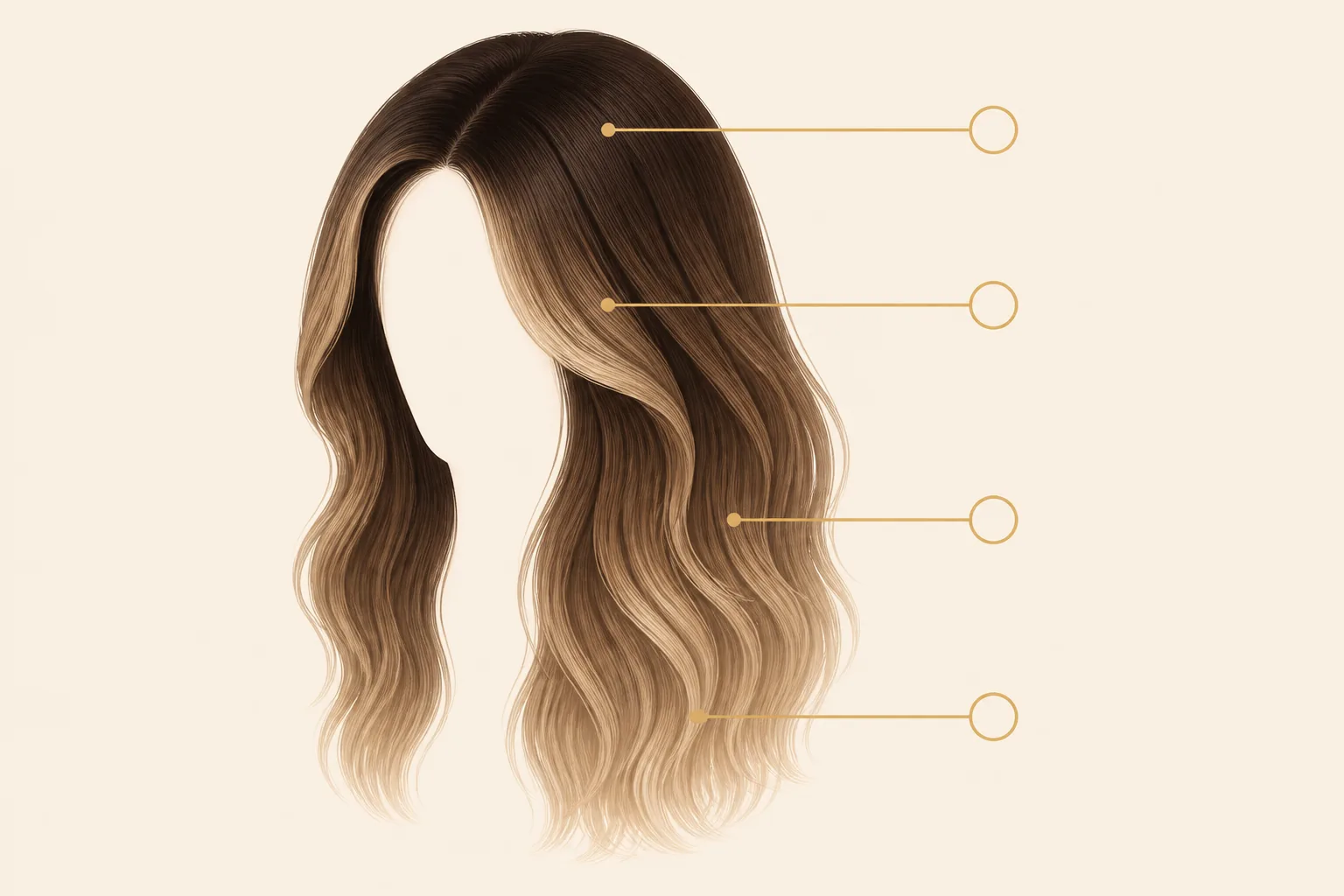 four visible inspection zones on a balayage wig color map