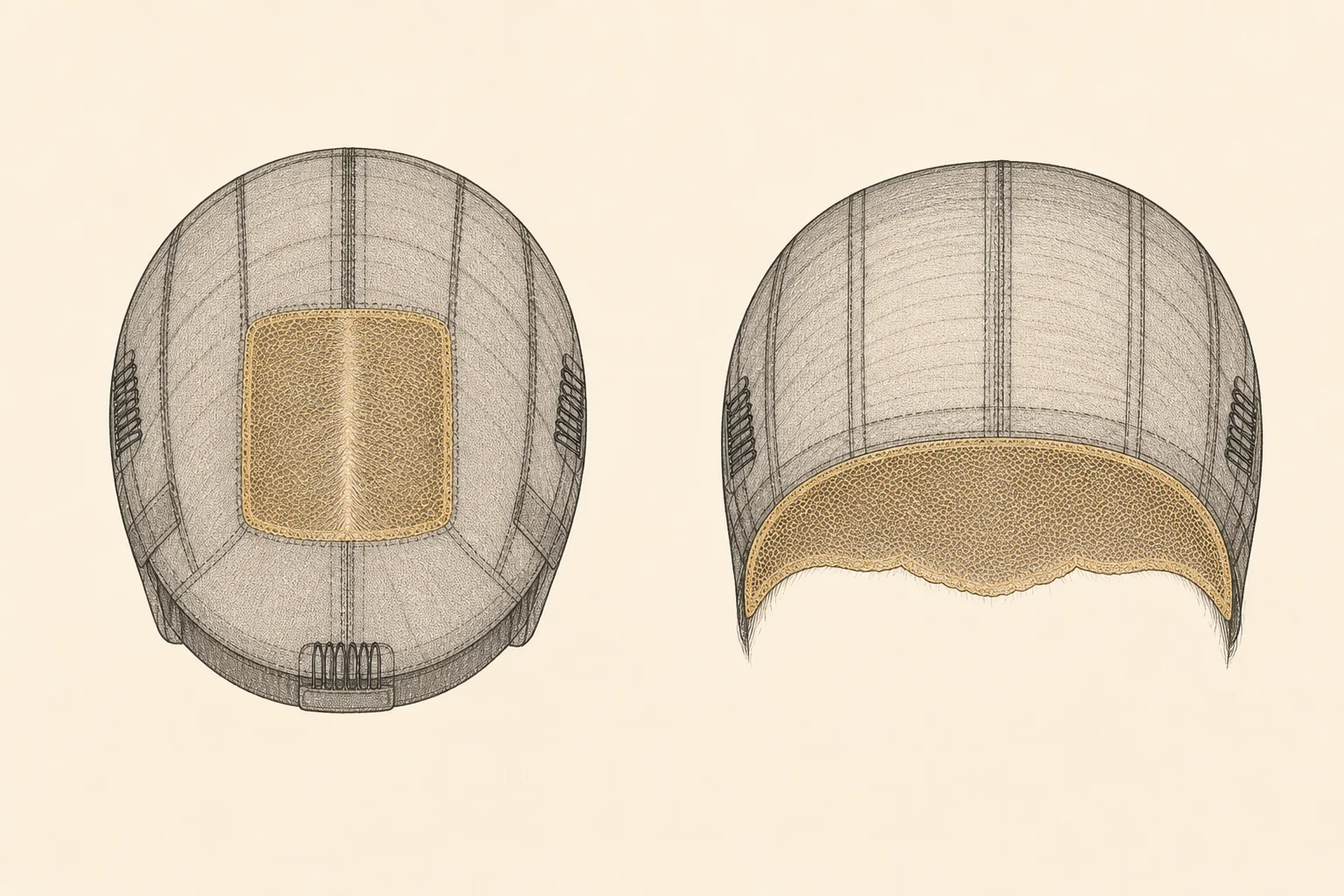 illustration comparing 5x5 closure and 13x4 frontal lace coverage on a wig cap