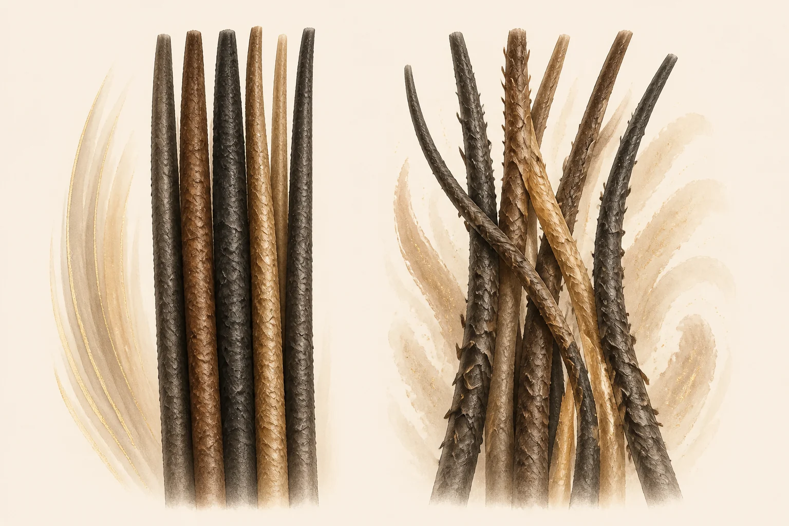 illustration comparing aligned and mixed hair cuticle direction for wig buyers