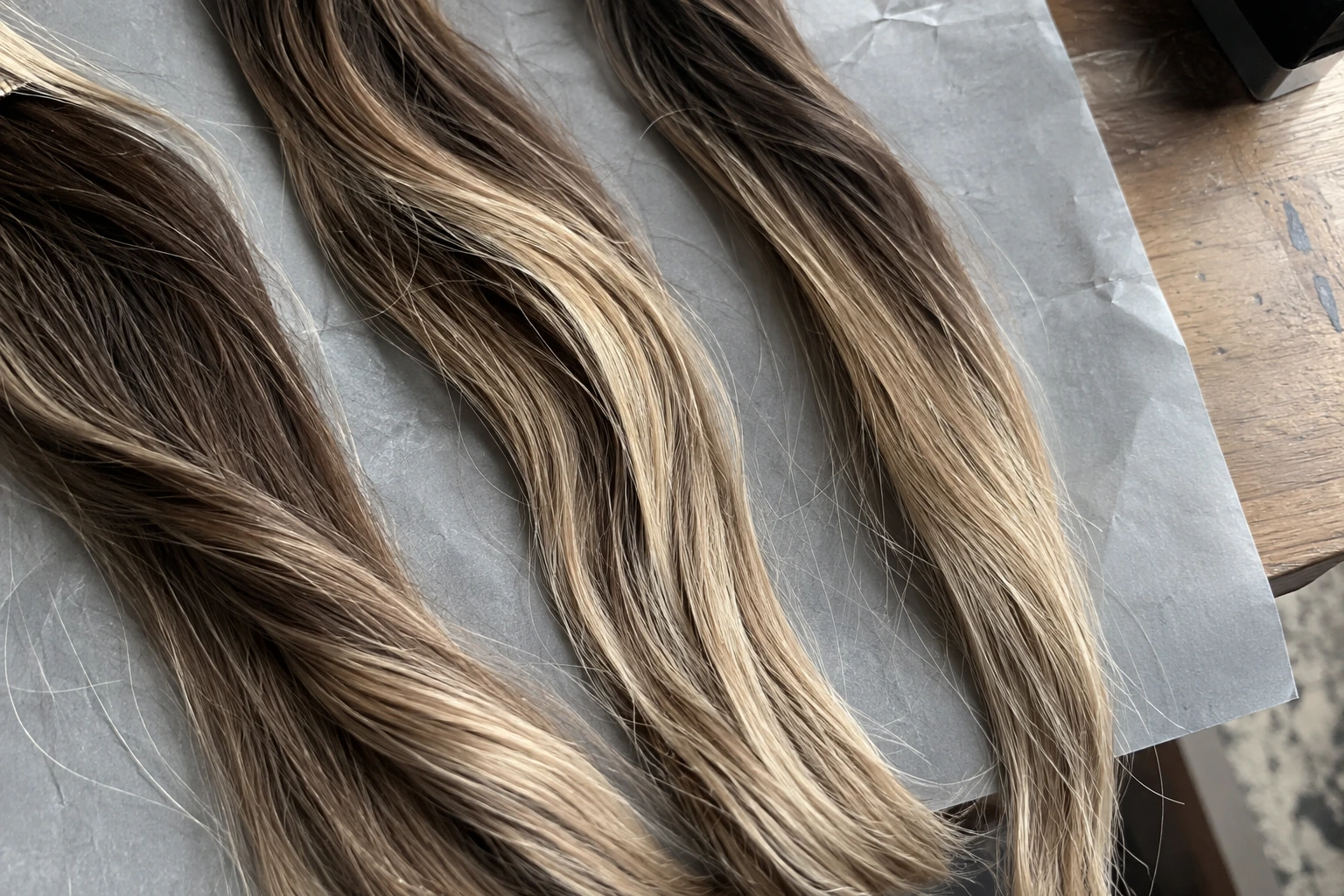 Loose brown-to-blonde hair tresses illustrating balayage colour placement