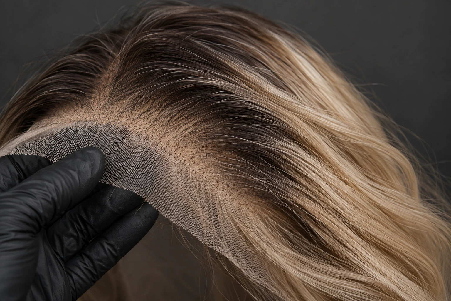 Close-up of a balayage wig hairline, lace and root transition