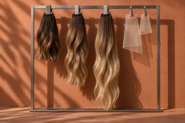 Balayage hair swatches in three lengths beside two lace pieces