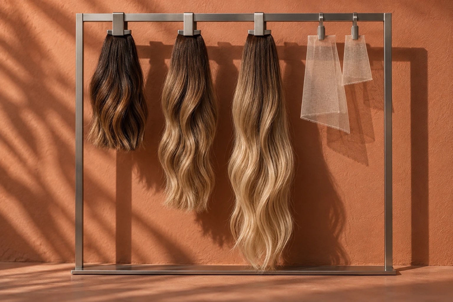 Balayage hair swatches in three lengths beside two lace pieces