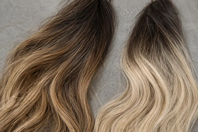 Hair tresses illustrating different root-transition directions