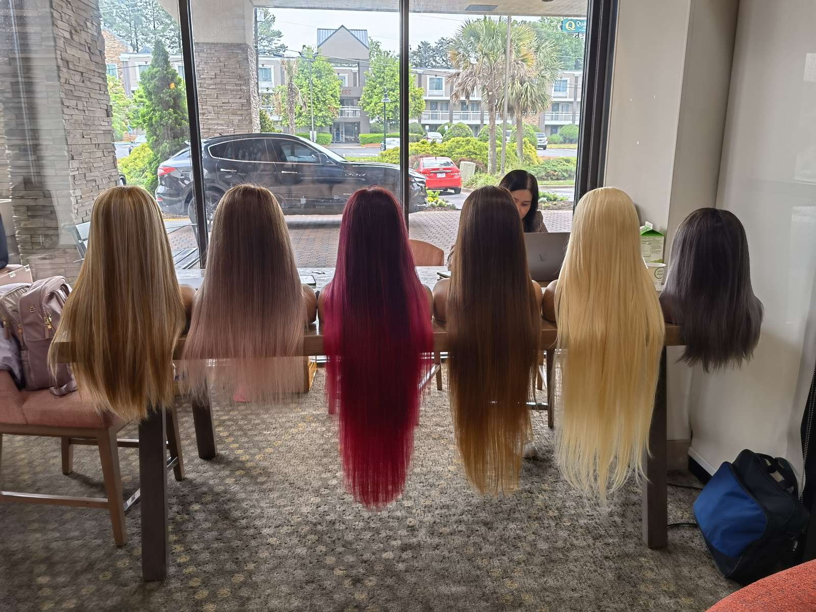 finished hand-painted balayage wig samples prepared for buyer review