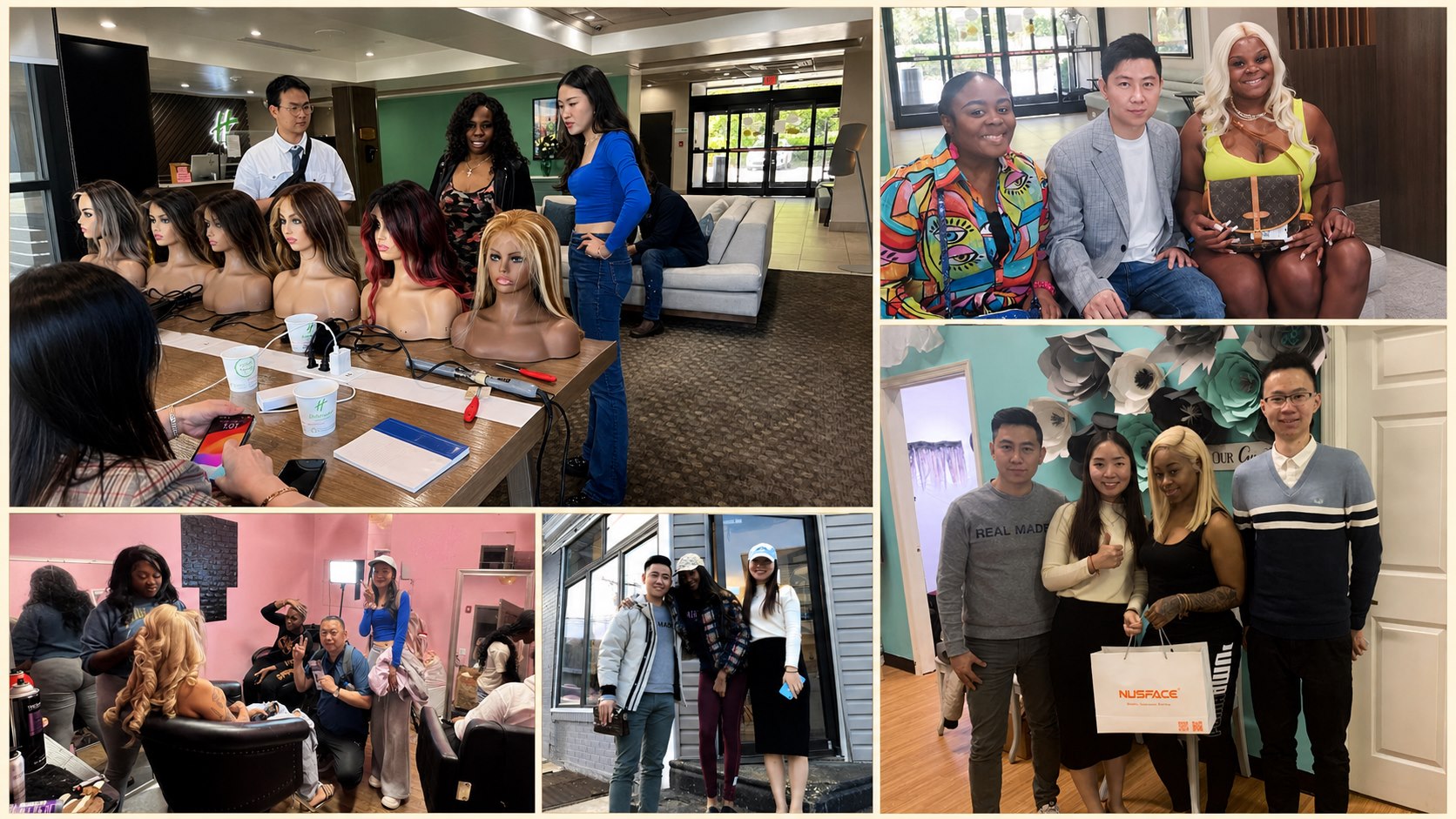NUSFACE team reviewing hand-painted balayage wigs with buyers during US market visits