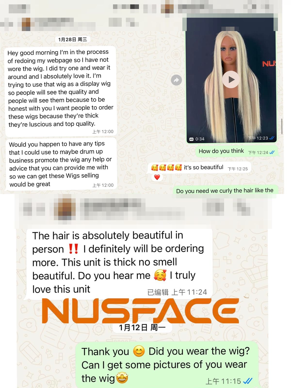 privacy-redacted WhatsApp feedback for a NUSFACE custom hand-painted balayage wig