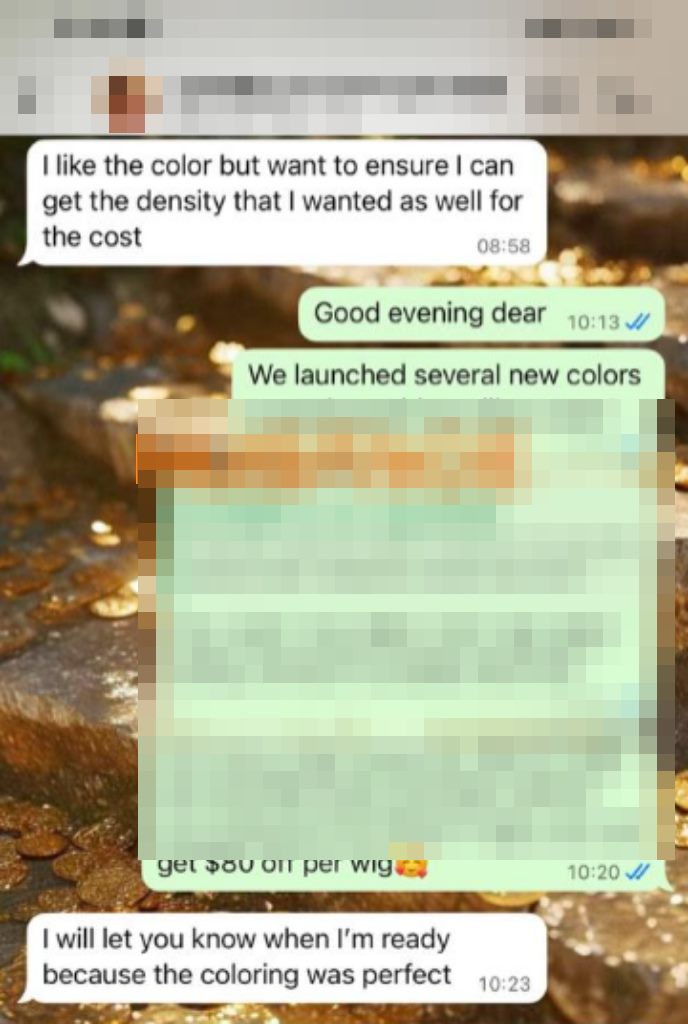 privacy-redacted WhatsApp feedback for a NUSFACE honey blonde hand-painted balayage wig