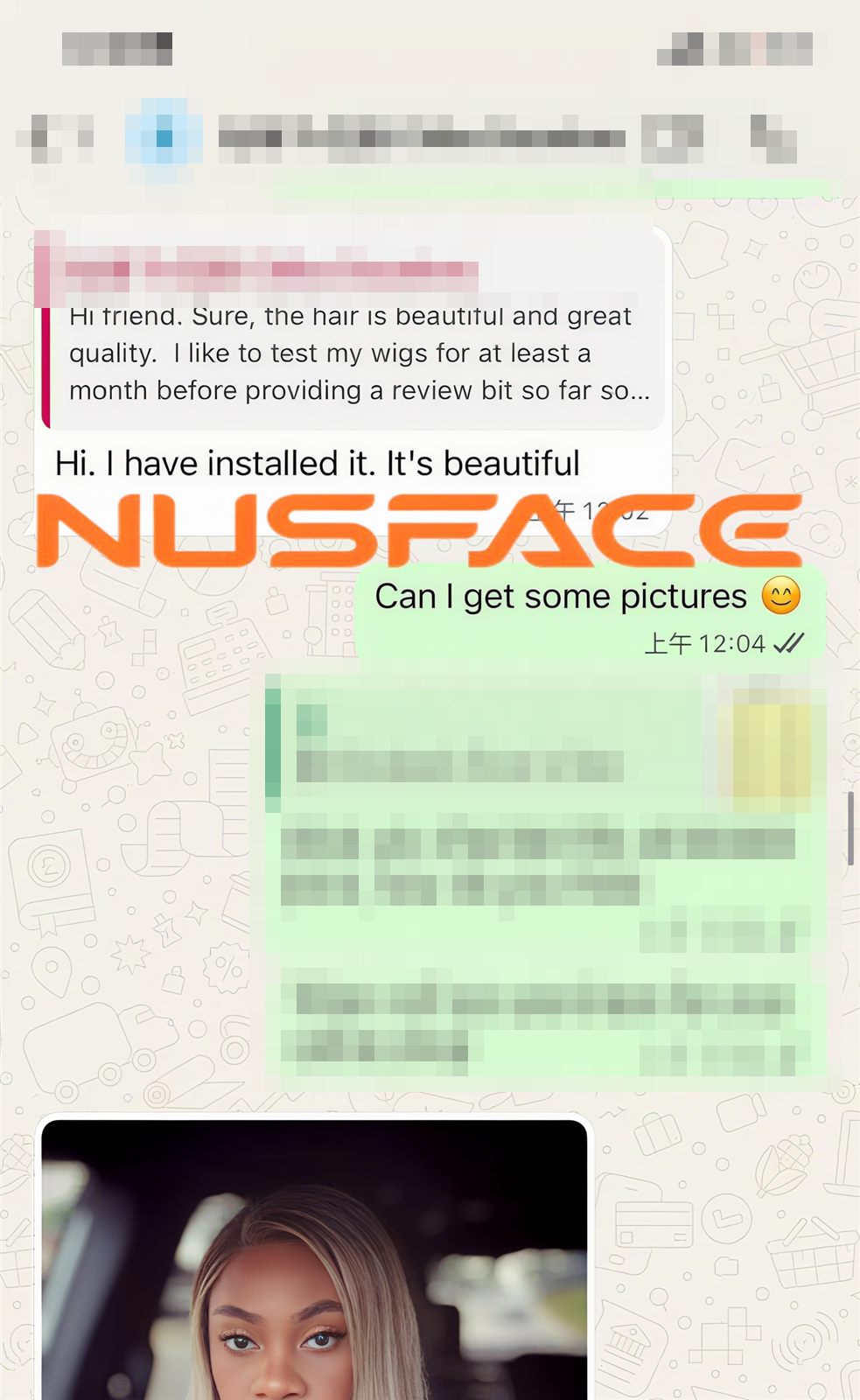 privacy-redacted WhatsApp feedback for a NUSFACE ash brown hand-painted balayage wig