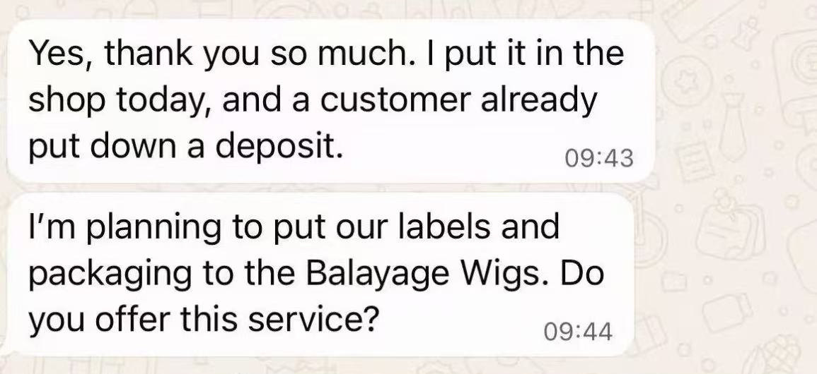 privacy-safe WhatsApp feedback from a wholesale balayage wig buyer planning a reorder