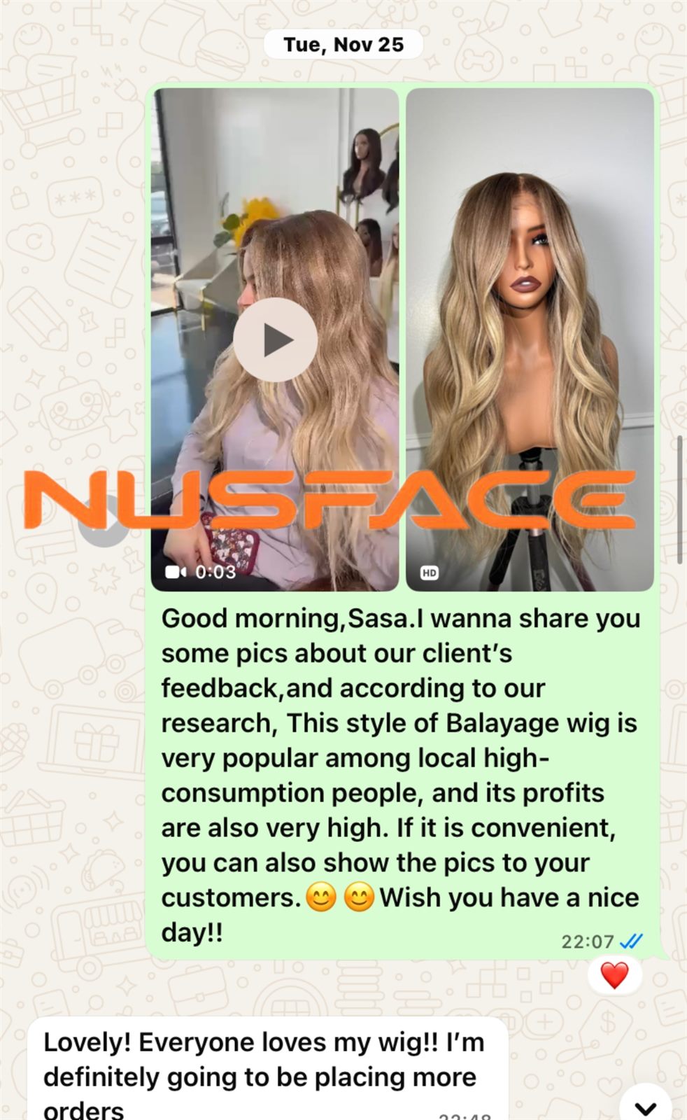 privacy-redacted WhatsApp feedback for a NUSFACE honey blonde hand-painted balayage wig