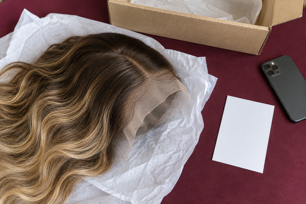 Uncut lace wig on packing tissue beside its shipping box