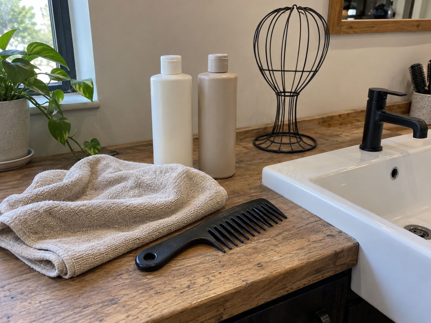 Showing a wide-tooth comb, towel, plain care bottles and a wig stand for balayage human hair wig care