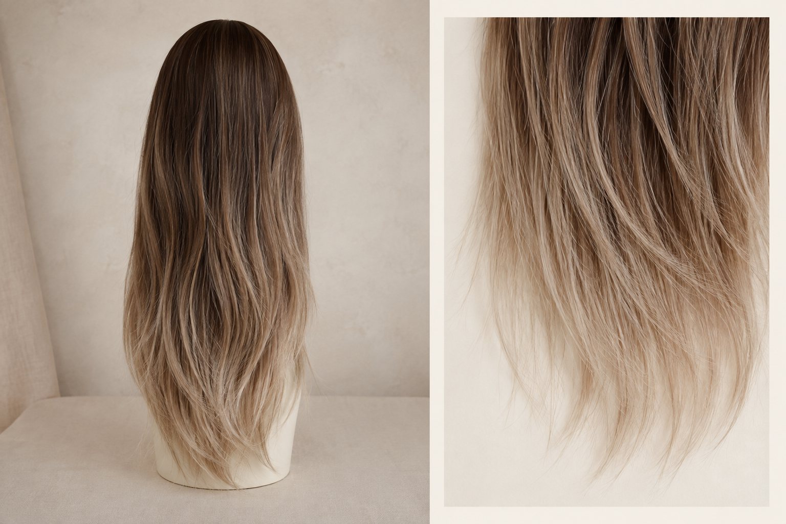 A balayage wig back view and tapered hair ends