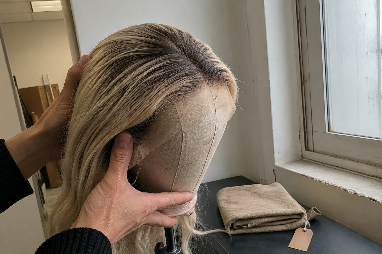 Hand-painted balayage wig sample root transition window check