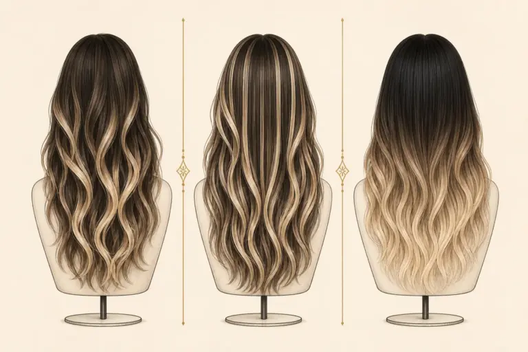 balayage highlights and ombre wig color placement comparison illustration