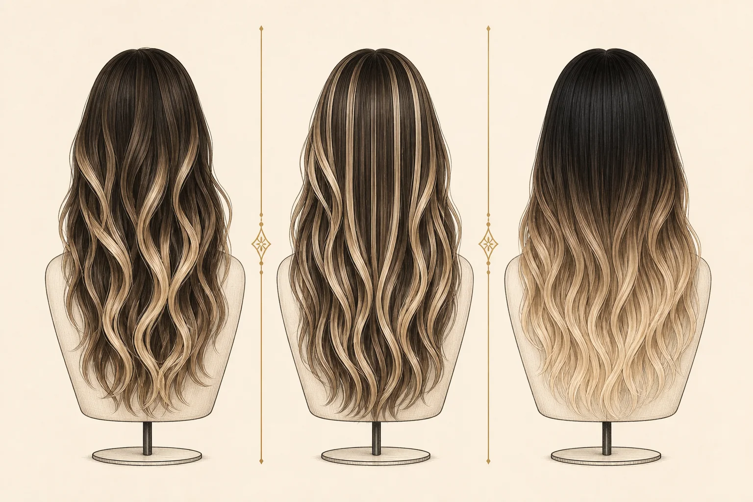 balayage highlights and ombre wig color placement comparison illustration