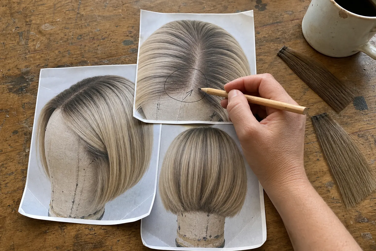 rooted blonde wig reference photos marked for a supplier brief editorial scene