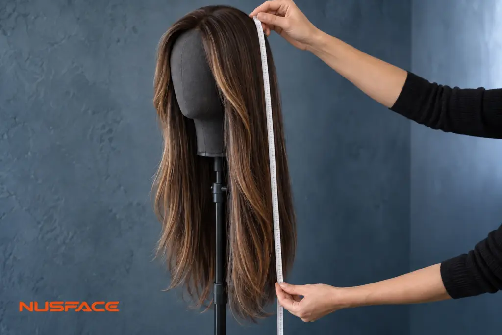 Wig on a stand with a flexible measuring tape beside the hair