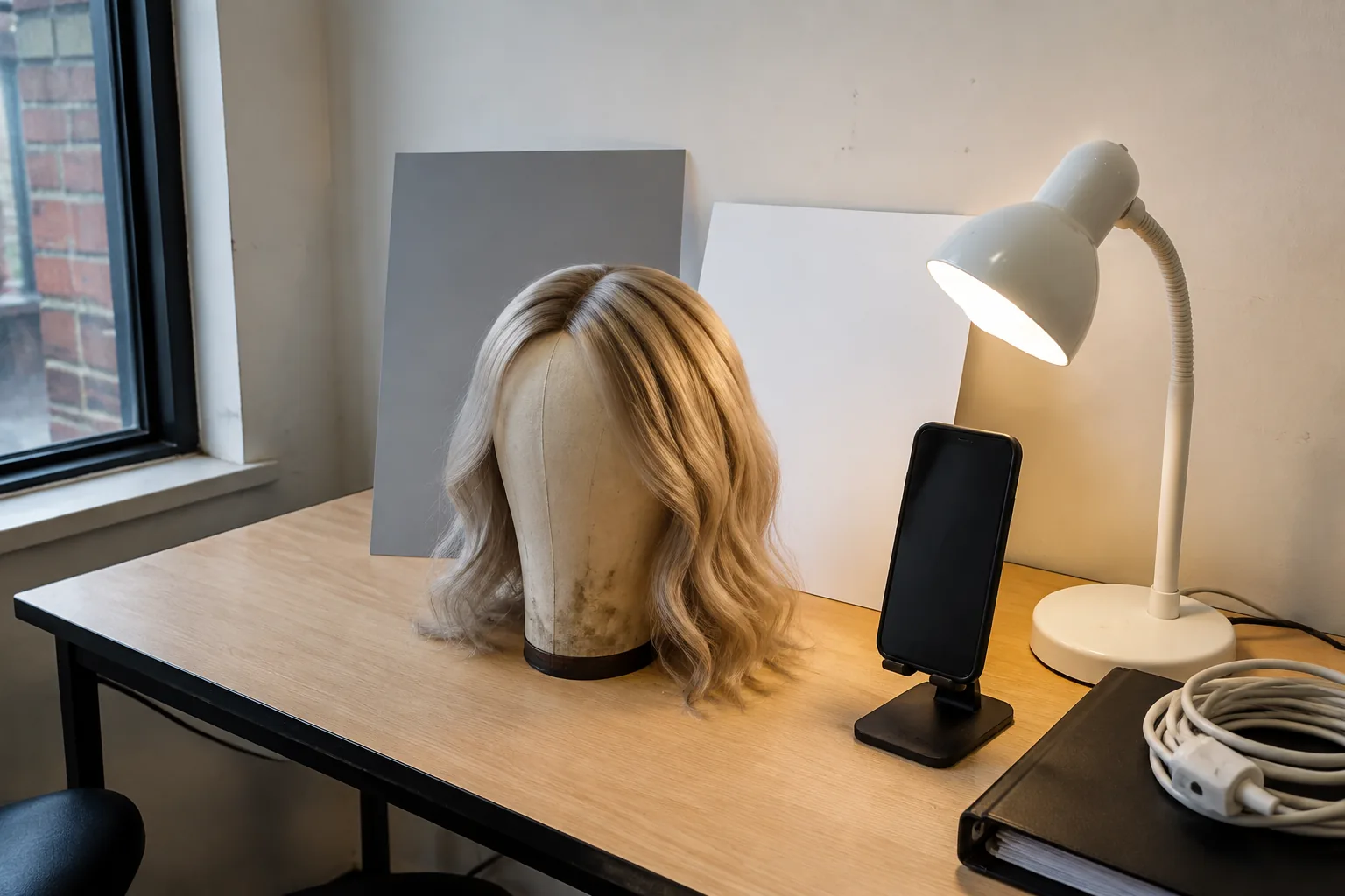 Ash blonde wig lighting check setup