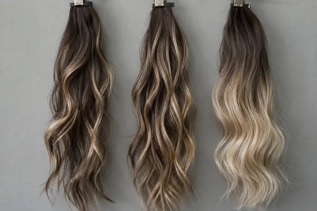 Three hair tresses illustrating different lighter-colour placement patterns