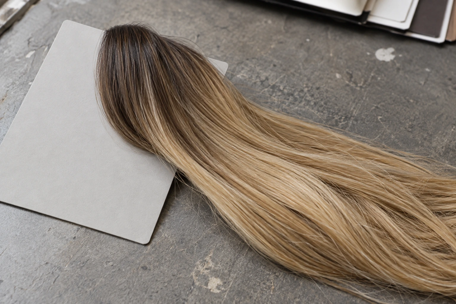 A dark-rooted blonde hair tress for colour-brief discussion
