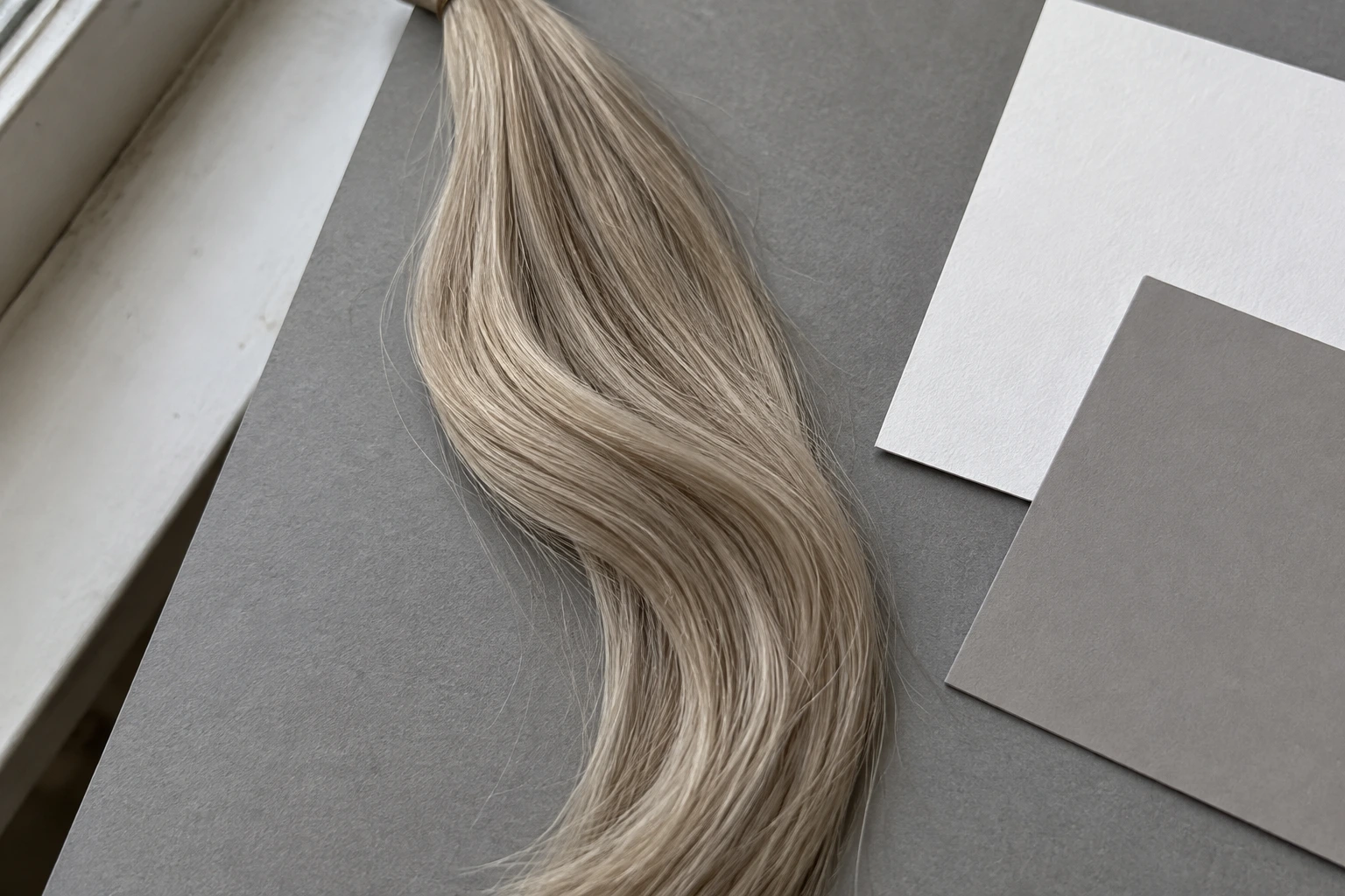 An ash-blonde hair tress beside neutral reference cards